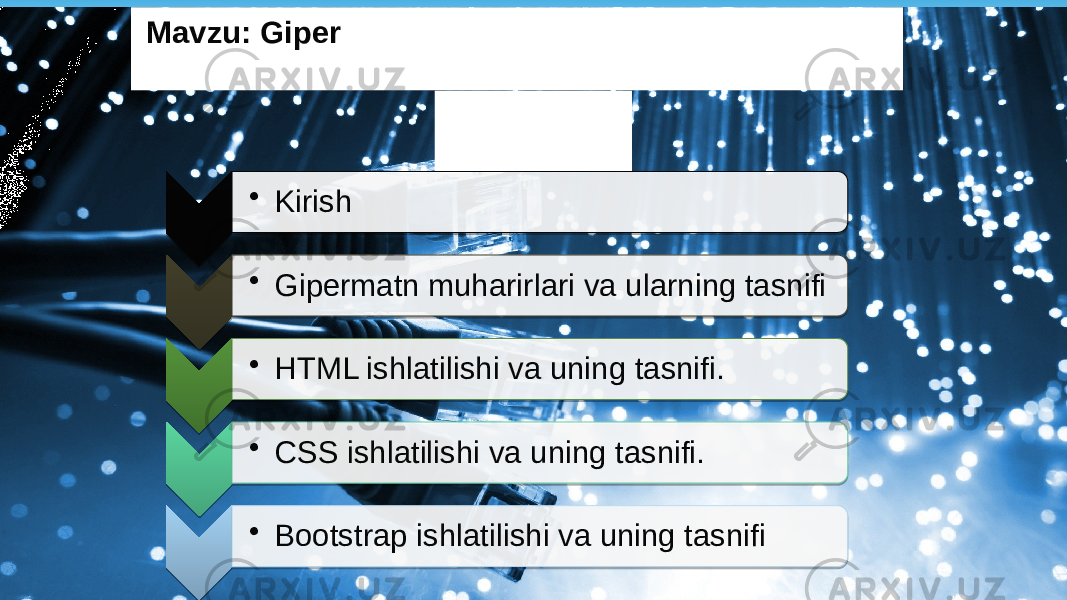 REJA: • Kirish • Gipermatn muharirlari va ularning tasnifi • HTML ishlatilishi va uning tasnifi. • CSS ishlatilishi va uning tasnifi. • Bootstrap ishlatilishi va uning tasnifiMavzu: Giper matn hujjat yaratuvchi dasturlarning qiyosiy tahlili (CSS, HTML, Bootstrap) 01 01 01 06 01 13 01 18 01 1A 