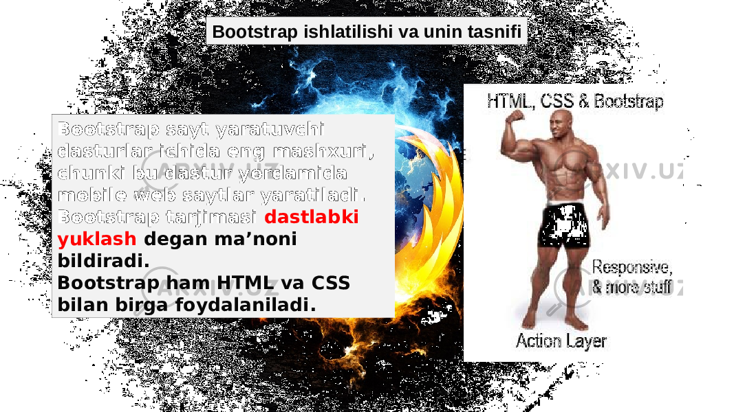 Bootstrap ishlatilishi va unin tasnifi Bootstrap sayt yaratuvchi dasturlar ichida eng mashxuri, chunki bu dastur yordamida mobile web saytlar yaratiladi. Bootstrap tarjimasi dastlabki yuklash degan ma’noni bildiradi. Bootstrap ham HTML va CSS bilan birga foydalaniladi. 