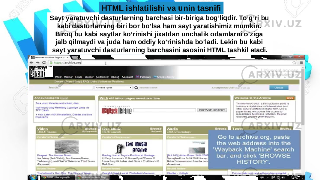 Sayt yaratuvchi dasturlarning barchasi bir-biriga bog’liqdir. To’g’ri bu kabi dasturlarning biri bor bo’lsa ham sayt yaratishimiz mumkin. Biroq bu kabi saytlar ko’rinishi jixatdan unchalik odamlarni o’ziga jalb qilmaydi va juda ham oddiy ko’rinishda bo’ladi. Lekin bu kabi sayt yaratuvchi dasturlarning barchasini asosini HTML tashkil etadi. HTML ishlatilishi va unin tasnifi 