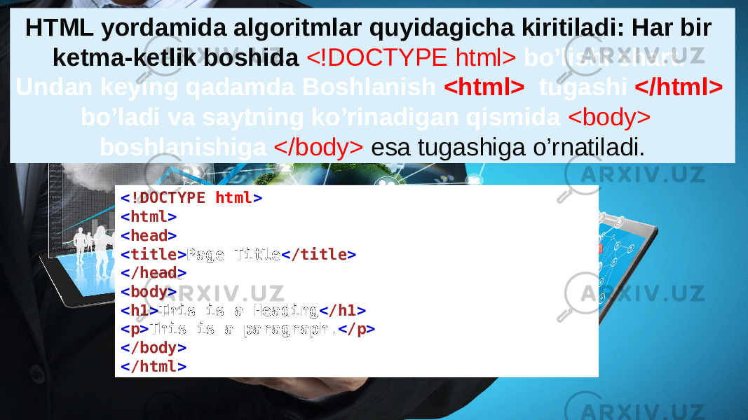 HTML yordamida algoritmlar quyidagicha kiritiladi: Har bir ketma-ketlik boshida <!DOCTYPE html> bo’lishi shart. Undan keying qadamda Boshlanish <html> tugashi </html> bo’ladi va saytning ko’rinadigan qismida <body> boshlanishiga </body> esa tugashiga o’rnatiladi. < !DOCTYPE  html > < html > < head > < title > Page Title < /title > < /head > < body > < h1 > This is a Heading < /h1 > < p > This is a paragraph. < /p > < /body > < /html > 