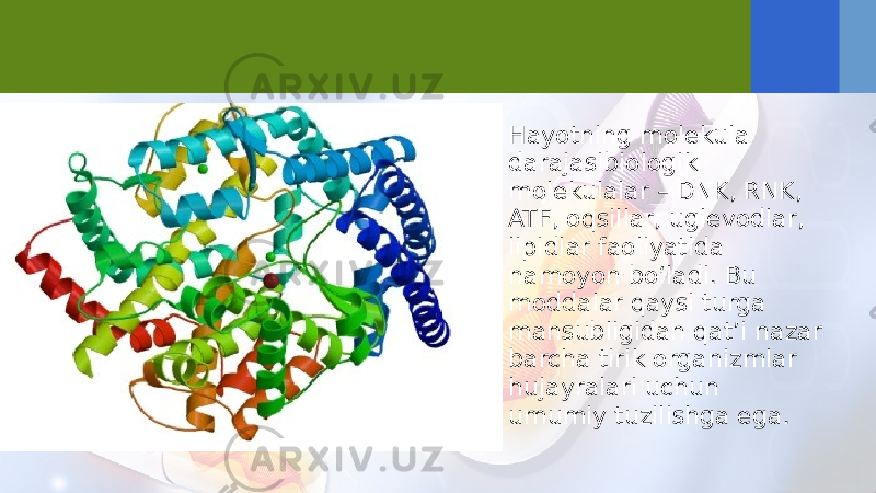 • Hayotning molekula darajasibiologik molekulalar – DNK, RNK, ATF, oqsillar, uglevodlar, lipidlar faoliyatida namoyon bo‘ladi. Bu moddalar qaysi turga mansubligidan qat’i nazar barcha tirik organizmlar hujayralari uchun umumiy tuzilishga ega. 