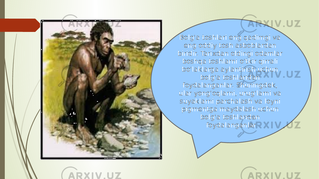 Bolg&#39;a toshlari eng qadimgi va eng oddiy tosh asboblardan biridir. Tarixdan oldingi odamlar boshqa toshlarni o&#39;tkir qirrali bo&#39;laklarga aylantirish uchun bolg&#39;a toshlaridan foydalanganlar. Shuningdek, ular yong&#39;oqlarni, urug&#39;larni va suyaklarni parchalash va loyni pigmentga maydalash uchun bolg&#39;a toshlaridan foydalanganlar 