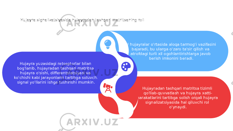 Hujayra signalizatsiyasida hujayradan tashqari matritsaning roli Hujayradan tashqari matritsa tizimli qo&#39;llab-quvvatlash va hujayra xatti- harakatlarini tartibga solish orqali hujayra signalizatsiyasida hal qiluvchi rol o&#39;ynaydi.U hujayralar o&#39;rtasida aloqa tarmog&#39;i vazifasini bajaradi, bu ularga o&#39;zaro ta&#39;sir qilish va atrofdagi turli xil ogohlantirishlarga javob berish imkonini beradi. Hujayra yuzasidagi retseptorlar bilan bog&#39;lanib, hujayradan tashqari matritsa hujayra o&#39;sishi, differentsiatsiyasi va ko&#39;chishi kabi jarayonlarni tartibga soluvchi signal yo&#39;llarini ishga tushirishi mumkin. 