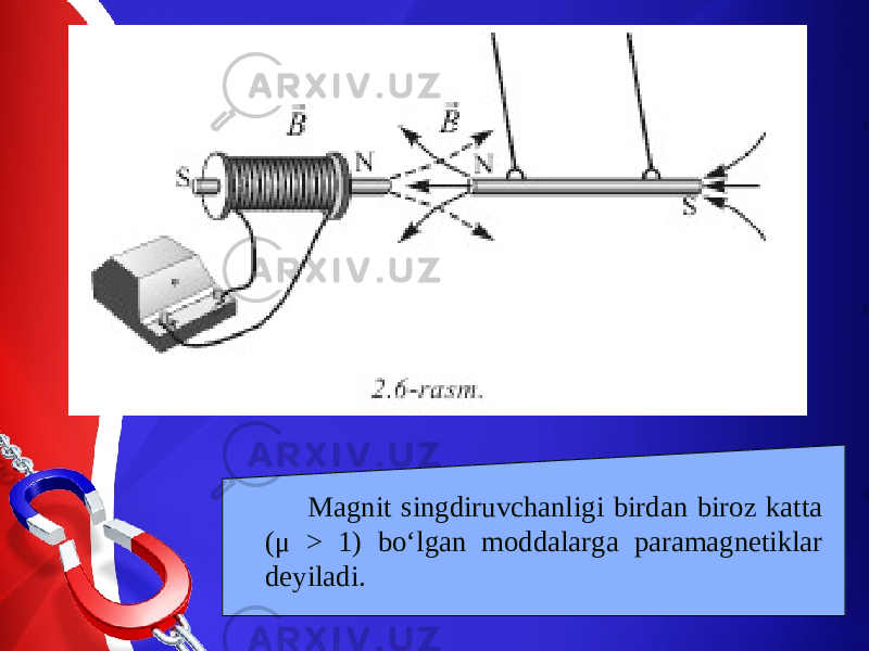 Magnit singdiruvchanligi birdan biroz katta ( μ > 1) bo‘lgan moddalarga paramagnetiklar deyiladi. 