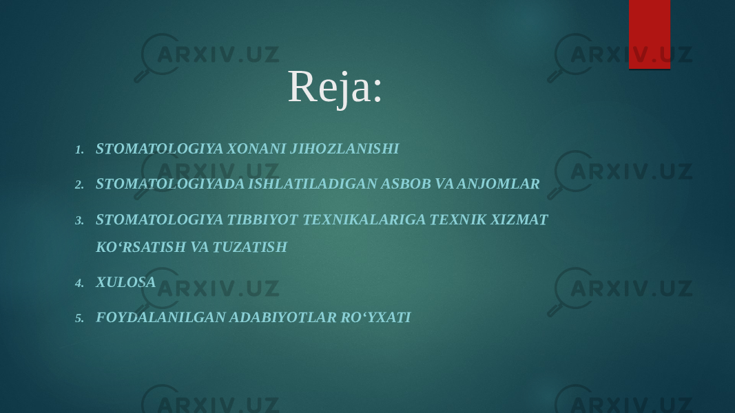 Reja: 1. STOMATOLOGIYA XONANI JIHOZLANISHI 2. STOMATOLOGIYADA ISHLATILADIGAN ASBOB VA ANJOMLAR 3. STOMATOLOGIYA TIBBIYOT TEXNIKALARIGA TEXNIK XIZMAT KOʻRSATISH VA TUZATISH 4. XULOSA 5. FOYDALANILGAN ADABIYOTLAR ROʻYXATI 