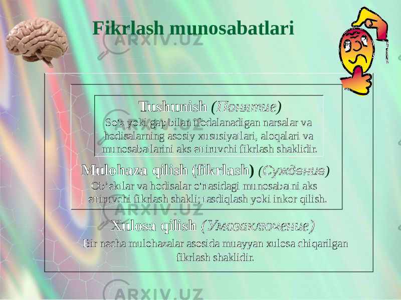 Fikrlash munosabatlari Xulosa qilish (Умозаключение) Bir necha mulohazalar asosida muayyan xulosa chiqarilgan fikrlash shaklidir. Mulohaza qilish (fikrlash ) ( Суждение ) Ob’ektlar va hodisalar o&#39;rtasidagi munosabatni aks ettiruvchi fikrlash shakli; tasdiqlash yoki inkor qilish. Tushunish ( Понятие ) So&#39;z yoki gap bilan ifodalanadigan narsalar va hodisalarning asosiy xususiyatlari, aloqalari va munosabatlarini aks ettiruvchi fikrlash shaklidir. 