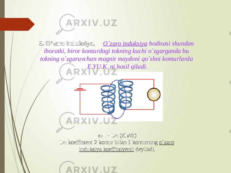 5. O’zaro induksiya. O`zaro induksiya hodisasi shundan iboratki, biror konturdagi tokning kuchi o`zgarganda bu tokning o`zgaruvchan magnit maydoni qo`shni konturlarda E.YU.K. ni hosil qiladi.  2 = - L 21 (dI 1 /dt) L 21 koeffitsent 2 kontur bilan 1 konturning o`zaro induksiya koeffitsiyenti deyiladi. 