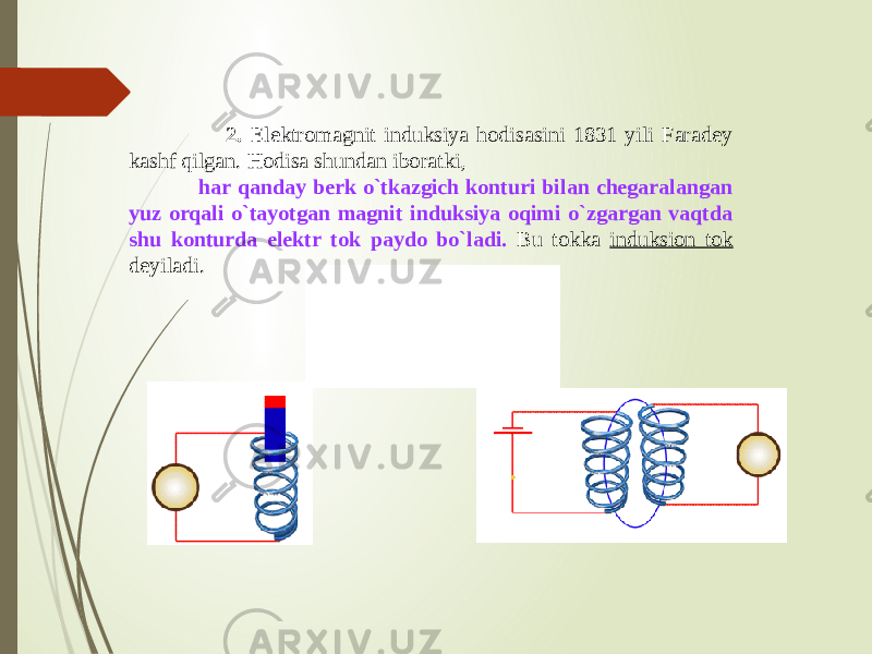  2. Elektromagnit induksiya hodisasini 1831 yili Faradey kashf qilgan. Hodisa shundan iboratki, har qanday berk o`tkazgich konturi bilan chegaralangan yuz orqali o`tayotgan magnit induksiya oqimi o`zgargan vaqtda shu konturda elektr tok paydo bo`ladi. Bu tokka induksion tok deyiladi.  