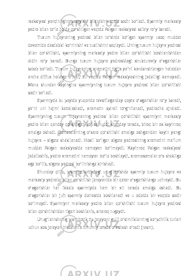 reaksiyasi yorqinligini pasayishi bilan bir vaqtda sodir bo‘ladi. Spermiy markaziy yadro bilan to‘la holda qo‘shilgan vaqtda Felgen reaksiyasi salbiy ro‘y beradi. Tuxum hujayraning yadrosi bilan ta’sirda bo‘lgan spermiy uzoq muddat davomida dastlabki ko‘rinishi va tuzilishini saqlaydi. Uning tuxum hujayra yadrosi bilan qo‘shilishi, spermiyning markaziy yadro bilan qo‘shilishi boshlanishidan oldin ro‘y beradi. Bunga tuxum hujayra yadrosidagi strukturaviy o‘zgarishlar sabab bo‘ladi. Tuxum hujayraning xromatini tig‘iz ya’ni kondensirlangan holatdan ancha diffuz holatga o‘tadi, bu vaqtda Felgen reaksiyasining jadalligi kamayadi. Mana shundan keyingina spermiyning tuxum hujayra yadrosi bilan qo‘shilishi sodir bo‘ladi. Spermiyda bu paytda yuqorida tavsiflaganday qayta o‘zgarishlar ro‘y beradi, ya’ni uni hajmi kattalashadi, xromatin spirali to‘g‘rilanadi, yadrocha ajraladi. Spermiyning tuxum hujayraning yadrosi bilan qo‘shilishi spermiyni markaziy yadro bilan qanday qo‘shilgan bo‘lsa huddi shunday tarzda, biroq bir oz keyinroq amalga oshadi. Gametalarning o‘zaro qo‘shilishi amalga oshganidan keyin yangi hujayra – zigota shakllanadi. Hosil bo‘lgan zigota yadrosining xromatini ma’lum muddat Felgen reaksiyasida namoyon bo‘lmaydi. Keyinroq Felgen reaksiyasi jadallashib, yadro xromatini namoyon bo‘la boshlaydi, xromosomalar o‘z shakliga ega bo‘lib, zigota yadrosi bo‘linishga kirishadi. Shunday qilib, premitotik tipdagi urug‘lanishda spermiy tuxum hujayra va markaziy yadrolar bilan qo‘shilish jarayonida bir qator o‘zgarishlarga uchraydi. Bu o‘zgarishlar har ikkala spermiyda ham bir xil tarzda amalga oshadi. Bu o‘zgarishlar bir juft spermiy doirasida boshlanadi va u odatda bir vaqtda sodir bo‘lmaydi. Spermiyni markaziy yadro bilan qo‘shilishi tuxum hujayra yadrosi bilan qo‘shilishidan ilgari boshlanib, ertaroq tugaydi. Urug‘lanishning premitotik tip jarayoni gulli o‘simliklarning ko‘pchilik turlari uchun xos jarayon hisoblanib umumiy tarzda o‘xshash o‘tadi (rasm). 