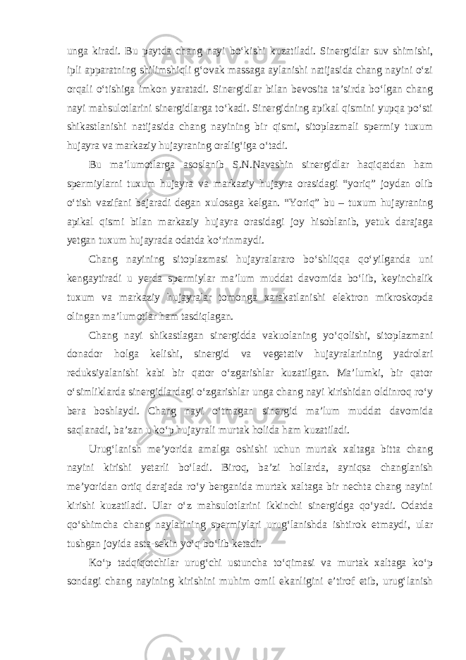 unga kiradi. Bu paytda chang nayi bo‘kishi kuzatiladi. Sinergidlar suv shimishi, ipli apparatning shilimshiqli g‘ovak massaga aylanishi natijasida chang nayini o‘zi orqali o‘tishiga imkon yaratadi. Sinergidlar bilan bevosita ta’sirda bo‘lgan chang nayi mahsulotlarini sinergidlarga to‘kadi. Sinergidning apikal qismini yupqa po‘sti shikastlanishi natijasida chang nayining bir qismi, sitoplazmali spermiy tuxum hujayra va markaziy hujayraning oralig‘iga o‘tadi. Bu ma’lumotlarga asoslanib S.N.Navashin sinergidlar haqiqatdan ham spermiylarni tuxum hujayra va markaziy hujayra orasidagi “yoriq” joydan olib o‘tish vazifani bajaradi degan xulosaga kelgan. “Yoriq” bu – tuxum hujayraning apikal qismi bilan markaziy hujayra orasidagi joy hisoblanib, yetuk darajaga yetgan tuxum hujayrada odatda ko‘rinmaydi. Chang nayining sitoplazmasi hujayralararo bo‘shliqqa qo‘yilganda uni kengaytiradi u yerda spermiylar ma’lum muddat davomida bo‘lib, keyinchalik tuxum va markaziy hujayralar tomonga xarakatlanishi elektron mikroskopda olingan ma’lumotlar ham tasdiqlagan. Chang nayi shikastlagan sinergidda vakuolaning yo‘qolishi, sitoplazmani donador holga kelishi, sinergid va vegetativ hujayralarining yadrolari reduksiyalanishi kabi bir qator o‘zgarishlar kuzatilgan. Ma’lumki, bir qator o‘simliklarda sinergidlardagi o‘zgarishlar unga chang nayi kirishidan oldinroq ro‘y bera boshlaydi. Chang nayi o‘tmagan sinergid ma’lum muddat davomida saqlanadi, ba’zan u ko‘p hujayrali murtak holida ham kuzatiladi. Urug‘lanish me’yorida amalga oshishi uchun murtak xaltaga bitta chang nayini kirishi yetarli bo‘ladi. Biroq, ba’zi hollarda, ayniqsa changlanish me’yoridan ortiq darajada ro‘y berganida murtak xaltaga bir nechta chang nayini kirishi kuzatiladi. Ular o‘z mahsulotlarini ikkinchi sinergidga qo‘yadi. Odatda qo‘shimcha chang naylarining spermiylari urug‘lanishda ishtirok etmaydi, ular tushgan joyida asta-sekin yo‘q bo‘lib ketadi. Ko‘p tadqiqotchilar urug‘chi ustuncha to‘qimasi va murtak xaltaga ko‘p sondagi chang nayining kirishini muhim omil ekanligini e’tirof etib, urug‘lanish 