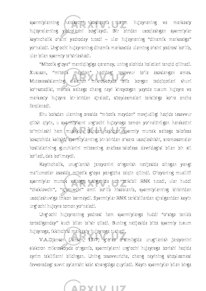 spermiylarning harakatini boshqarib tuxum hujayraning va markaziy hujayralarning yadrolarini bog‘laydi. Bir biridan uzoqlashgan spermiylar keyinchalik o‘zini yadroday tutadi – ular hujayraning “dinamik markaziga” yo‘naladi. Urg‘ochi hujayraning dinamik markazida ularning o‘zini yadrosi bo‘lib, ular bilan spermiy ta’sirlashadi. “Mitotik g‘oya” mantiqligiga qaramay, uning alohida holatlari tanqid qilinadi. Xususan, “mitotik maydon” haqidagi tasavvur to‘la asoslangan emas. Mutaxassislarning elektron mikroskopda olib borgan tadqiqotlari shuni ko‘rsatadiki, murtak xaltaga chang nayi kirayotgan paytda tuxum hujayra va markaziy hujayra bir-biridan ajraladi, sitoplazmalari tarkibiga ko‘ra ancha farqlanadi. Shu boisdan ularning orasida “mitotik maydon” mavjudligi haqida tasavvur qilish qiyin, u spermiylarni urg‘ochi hujayraga tomon yo‘naltirilgan harakatini ta’minlashi ham mushkul. Bundan tashqari spermiy murtak xaltaga telofaza bosqichida kelishi, spermiylarning bir-biridan o‘zaro uzoqlashishi, xromosomalar hosilalarining guruhlarini mitozning anafaza-telofaza davridagisi bilan bir xil bo‘ladi, deb bo‘lmaydi. Keyinchalik, urug‘lanish jarayonini o‘rganish natijasida olingan yangi ma’lumotlar asosida mitotik g‘oya yangicha talqin qilindi. G‘oyaning muallifi spermiylar murtak xaltaga tushganida uch tarkibli RNK tutadi, ular huddi “cheklovchi”, “ajratuvchi” omil bo‘lib hisoblanib, spermiylarning birbiridan uzoqlashuviga imkon bermaydi. Spermiylar RNK tarkiblilardan ajralganidan keyin urg‘ochi hujayra tomon yo‘naladi. Urg‘ochi hujayraning yadrosi ham spermiylarga huddi “o‘ziga tanlab tortadiganday” kuch bilan ta’sir qiladi. Buning natijasida bitta spermiy tuxum hujayraga, ikkinchisi markaziy hujayraga tushadi. V.A.Djensen (Jensen, 1972) g‘o‘za o‘simligida urug‘lanish jarayonini elektron mikroskopda o‘rganib, spermiylarni urg‘ochi hujayraga borishi haqida ayrim takliflarni bildirgan. Uning tasavvuricha, chang nayining sitoplazmasi favvoradagi suvni aylanishi kabi sinergidga quyiladi. Keyin spermiylar bilan birga 