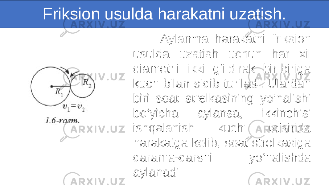 Friksion usulda harakatni uzatish. Aylanma harakatni friksion usulda uzatish uchun har xil diametrli ikki g‘ildirak bir-biriga kuch bilan siqib turiladi. Ulardan biri soat strelkasining yo‘nalishi bo‘yicha aylansa, ikkinchisi ishqalanish kuchi ta’sirida harakatga kelib, soat strelkasiga qarama-qarshi yo‘nalishda aylanadi. 