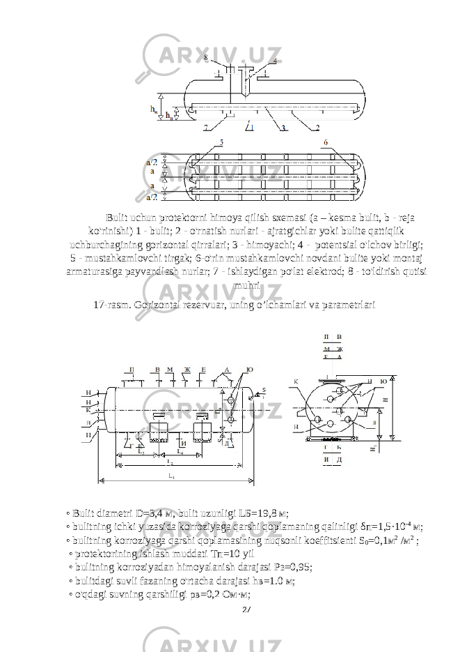 Bulit uchun protektorni himoya qilish sxemasi (a – kesma bulit, b - reja ko&#39;rinishi) 1 - bulit; 2 - o&#39;rnatish nurlari - ajratgichlar yoki bulite qattiqlik uchburchagining gorizontal qirralari; 3 - himoyachi; 4 - potentsial o&#39;lchov birligi; 5 - mustahkamlovchi tirgak; 6-o&#39;rin mustahkamlovchi novdani bulite yoki montaj armaturasiga payvandlash nurlar; 7 - ishlaydigan po&#39;lat elektrod; 8 - to&#39;ldirish qutisi muhri 17-rasm. Gorizontal rezervuar, uning o’lchamlari va parametrlari • Bulit diametri D=3,4 м , bulit uzunligi L Б =19,8 м ; • bulitning ichki yuzasida korroziyaga qarshi qoplamaning qalinligi δп =1,5·10 -4 м ; • bulitning korroziyaga qarshi qoplamasining nuqsonli koeffitsienti S 0 =0,1 м 2 / м 2 ; • protektorining ishlash muddati Тп =10 yil • bulitning korroziyadan himoyalanish darajasi Рз =0,95; • bulitdagi suvli fazaning o&#39;rtacha darajasi h в =1.0 м ; • o&#39;qdagi suvning qarshiligi ρв =0,2 Ом · м ; 27 