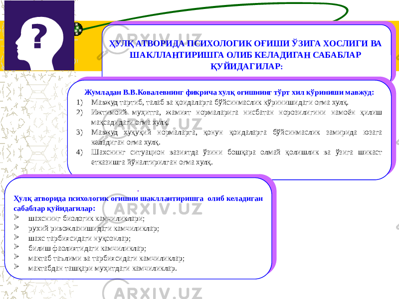 ҲУЛҚ АТВОРИДА ПСИХОЛОГИК ОҒИШИ ЎЗИГА ХОСЛИГИ ВА ШАКЛЛАНТИРИШГА ОЛИБ КЕЛАДИГАН САБАБЛАР ҚУЙИДАГИЛАР :ҲУЛҚ АТВОРИДА ПСИХОЛОГИК ОҒИШИ ЎЗИГА ХОСЛИГИ ВА ШАКЛЛАНТИРИШГА ОЛИБ КЕЛАДИГАН САБАБЛАР ҚУЙИДАГИЛАР : Жумладан В.В.Ковалевнинг фикрича хулқ оғишнинг тўрт хил кўриниши мавжуд: 1) Мавжуд тартиб, талаб ва қоидаларга бўйсинмаслик кўринишидаги оғма хулқ. 2) Ижтимоий муҳитга, жамият нормаларига нисбатан норозилигини намоён қилиш мақсадидаги оғма хулқ. 3) Мавжуд хуқуқий нормаларга, қонун қоидаларга бўйсинмаслик замирида юзага келадиган оғма хулқ. 4) Шахснинг ситуацион вазиятда ўзини бошқара олмай қолишлик ва ўзига шикаст етказишга йўналтирилган оғма хулқ. Жумладан В.В.Ковалевнинг фикрича хулқ оғишнинг тўрт хил кўриниши мавжуд: 1) Мавжуд тартиб, талаб ва қоидаларга бўйсинмаслик кўринишидаги оғма хулқ. 2) Ижтимоий муҳитга, жамият нормаларига нисбатан норозилигини намоён қилиш мақсадидаги оғма хулқ. 3) Мавжуд хуқуқий нормаларга, қонун қоидаларга бўйсинмаслик замирида юзага келадиган оғма хулқ. 4) Шахснинг ситуацион вазиятда ўзини бошқара олмай қолишлик ва ўзига шикаст етказишга йўналтирилган оғма хулқ. . Ҳулқ атворида психологик оғишни шакллантиришга олиб келадиган сабаблар қуйидагилар:  шахснинг биологик камчиликлари;  рухий ривожланишидаги камчиликлар;  шахс тарбиясидаги нуқсонлар;  билиш фаолиятидаги камчиликлар;  мактаб таълими ва тарбиясидаги камчиликлар;  мактабдан ташқари муҳитдаги камчиликлар. . Ҳулқ атворида психологик оғишни шакллантиришга олиб келадиган сабаблар қуйидагилар:  шахснинг биологик камчиликлари;  рухий ривожланишидаги камчиликлар;  шахс тарбиясидаги нуқсонлар;  билиш фаолиятидаги камчиликлар;  мактаб таълими ва тарбиясидаги камчиликлар;  мактабдан ташқари муҳитдаги камчиликлар. 