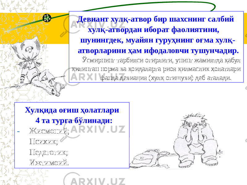 Хулқида оғиш ҳолатлари 4 та турга бўлинади: - Жисмоний; - Психик; - Педагогик; - Ижтимоий. Девиант хулқ-атвор бир шахснинг салбий хулқ-атвордан иборат фаолиятини, шунингдек, муайян гуруҳнинг оғма хулқ- атворларини ҳам ифодаловчи тушунчадир. Ўсмирнинг тарбияси оғирлиги, унинг жамиятда қабул қилинган норма ва қоидаларга риоя қилмаслик ҳолатлари фанда девиация (хулқ оғишуви) деб аталади. 