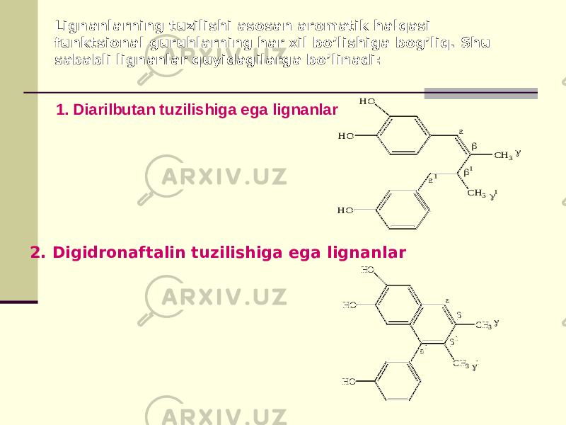 1. Diarilbutan tuzilishiga ega lignanlar 2. Digidronaftalin tuzilishiga ega lignanlar Lignanlarning tuzilishi asosan aromatik halqasi funktsional guruhlarning har xil bo’lishiga bog’liq. Shu sababli lignanlar quyidagilarga bo’linadi: CH3 HO HO CH3 HO a     a1 CH3 HO HO CH3 HO a     a1 