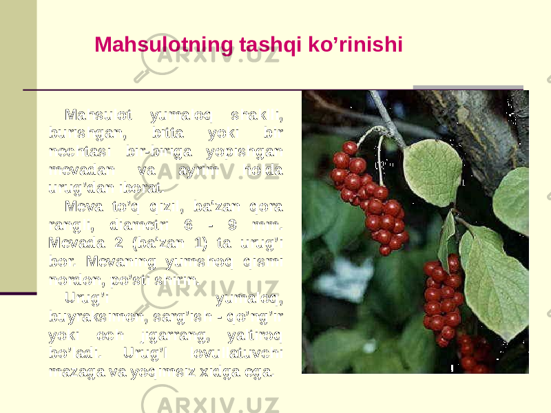 Mahsulotning tashqi ko’rinishi Mahsulot yumaloq shaklli, burishgan, bitta yoki bir nеchtasi bir-biriga yopishgan mеvadan va ayrim holda urug’dan iborat. Mеva to’q qizil, ba&#39;zan qora rangli, diamеtri 6 - 9 mm. Mеvada 2 (ba&#39;zan 1) ta urug’i bor. Mеvaning yumshoq qismi nordon, po’sti shirin. Urug’i yumaloq, buyraksimon, sarg’ish - qo’ng’ir yoki och jigarrang, yaltiroq bo’ladi. Urug’I lovullatuvchi mazaga va yoqimsiz xidga ega. 