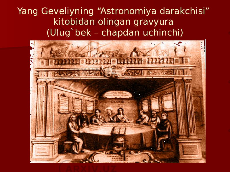 Yang Geveliyning “Astronomiya darakchisi” kitobidan olingan gravyura (Ulug`bek – chapdan uchinchi) 