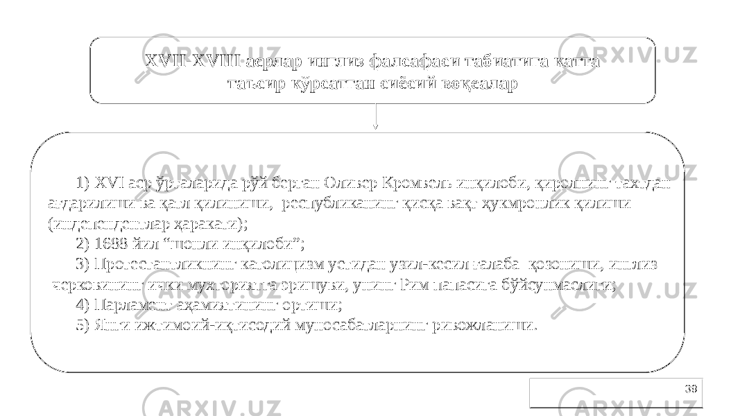 39XVII-XVIII асрлар инглиз фалсафаси табиатига катта таъсир кўрсатган сиёсий воқеалар 1) XVI аср ўрталарида рўй берган Оливер Кромвель инқилоби, қиролнинг тахтдан ағдарилиши ва қатл қилиниши, республиканинг қисқа вақт ҳукмронлик қилиши (индепендентлар ҳаракати); 2) 1688 йил “шонли инқилоби”; 3) Протестантликнинг католицизм устидан узил-кесил ғалаба қозониши, инглиз черковининг ички мухториятга эришуви, унинг Рим папасига бўйсунмаслиги; 4) Парламент аҳамиятининг ортиши; 5) Янги ижтимоий-иқтисодий муносабатларнинг ривожланиши. 