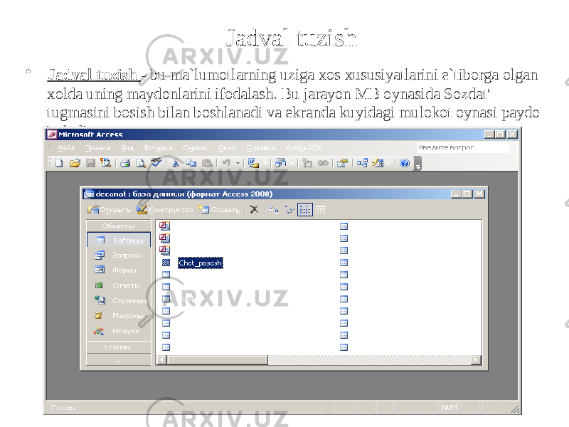 Jadval tuzish • Jadval tuzish - bu ma`lumotlarning uziga xos xususiyatlarini e`tiborga olgan xolda uning maydonlarini ifodalash. Bu jarayon MB oynasida Sozdat&#39; tugmasini bosish bilan boshlanadi va ekranda kuyidagi mulokot oynasi paydo buladi. 