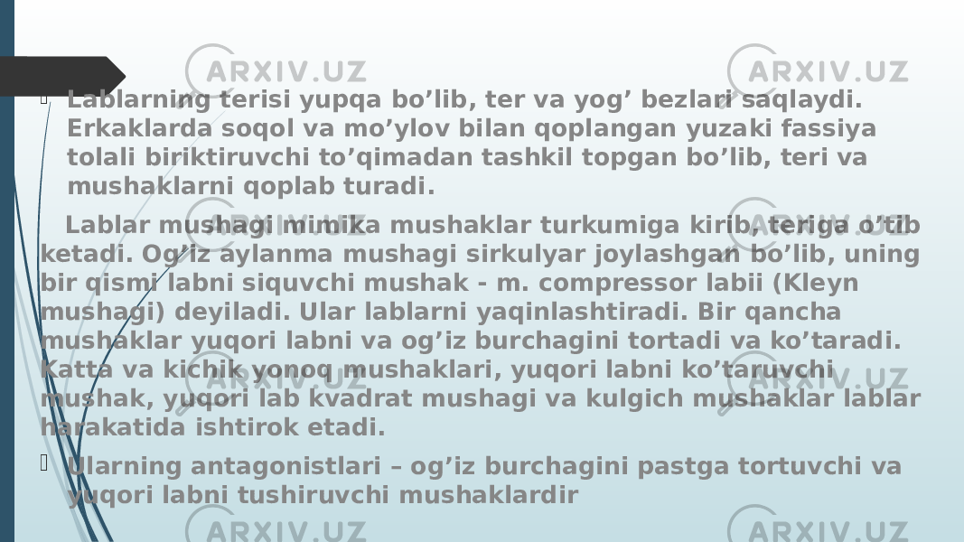  Lablarning terisi yupqa bo’lib, ter va yog’ bezlari saqlaydi. Erkaklarda soqol va mo’ylov bilan qoplangan yuzaki fassiya tolali biriktiruvchi to’qimadan tashkil topgan bo’lib, teri va mushaklarni qoplab turadi. Lablar mushagi mimika mushaklar turkumiga kirib, teriga o’tib ketadi. Og’iz aylanma mushagi sirkulyar joylashgan bo’lib, uning bir qismi labni siquvchi mushak - m. compressor labii (Kleyn mushagi) deyiladi. Ular lablarni yaqinlashtiradi. Bir qancha mushaklar yuqori labni va og’iz burchagini tortadi va ko’taradi. Katta va kichik yonoq mushaklari, yuqori labni ko’taruvchi mushak, yuqori lab kvadrat mushagi va kulgich mushaklar lablar harakatida ishtirok etadi.  Ularning antagonistlari – og’iz burchagini pastga tortuvchi va yuqori labni tushiruvchi mushaklardir 