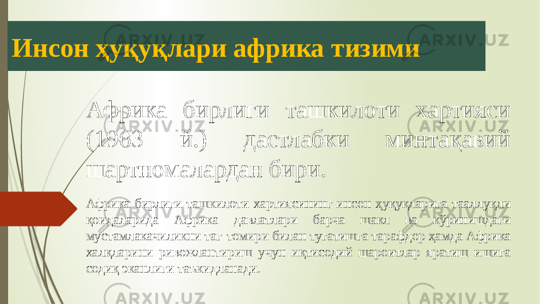 Инсон ҳуқуқлари африка тизими Африка бирлиги ташкилоти хартияси (1963 й.) дастлабки минтақавий шартномалардан бири. Африка бирлиги ташкилоти хартиясининг инсон ҳуқуқларига тааллуқли қоидаларида Африка давлатлари барча шакл ва кўринишдаги мустамлакачиликни таг-томири билан тугатишга тарафдор ҳамда Африка халқларини ривожлантириш учун иқтисодий шароитлар яратиш ишига содиқ эканлиги таъкидланади. 