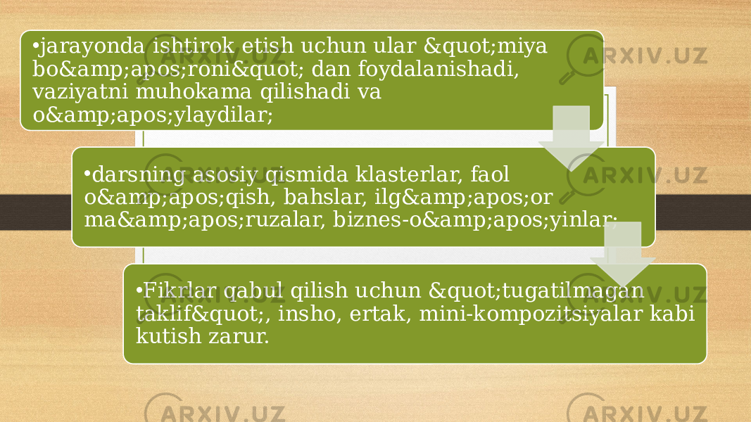 • jarayonda ishtirok etish uchun ular &quot;miya bo&amp;apos;roni&quot; dan foydalanishadi, vaziyatni muhokama qilishadi va o&amp;apos;ylaydilar; • darsning asosiy qismida klasterlar, faol o&amp;apos;qish, bahslar, ilg&amp;apos;or ma&amp;apos;ruzalar, biznes-o&amp;apos;yinlar; • Fikrlar qabul qilish uchun &quot;tugatilmagan taklif&quot;, insho, ertak, mini-kompozitsiyalar kabi kutish zarur. 