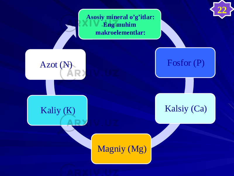 Asosiy mineral o’g’itlar: Eng muhim makroelementlar: Fosfor (Р) Kalsiy (Са) Magniy (Mg)Kaliy (К)Azot (N) 223535 