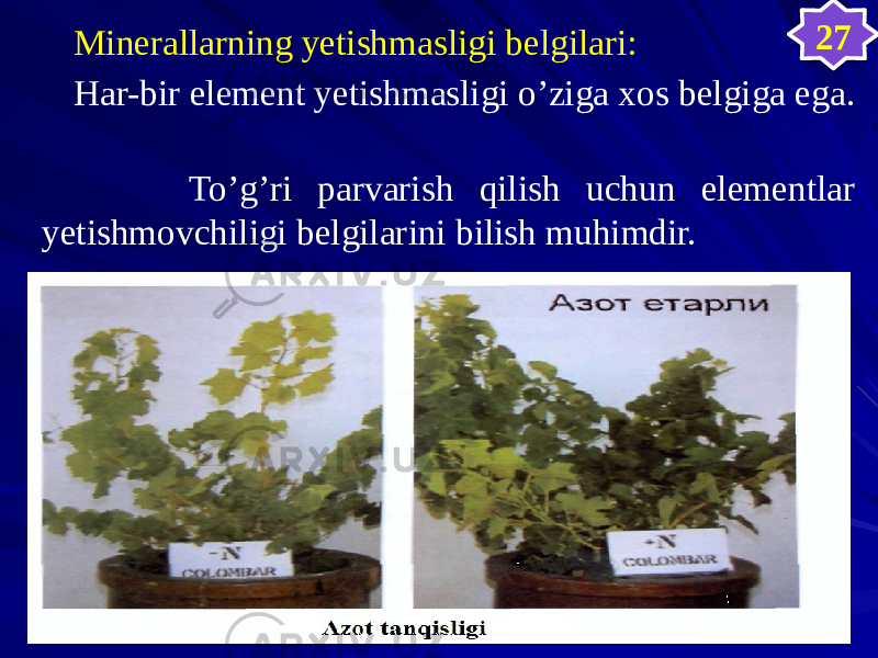  Minerallarning yetishmasligi belgilari: Har-bir element yetishmasligi o’ziga xos belgiga ega. To’g’ri parvarish qilish uchun elementlar yetishmovchiligi belgilarini bilish muhimdir. 27353F 