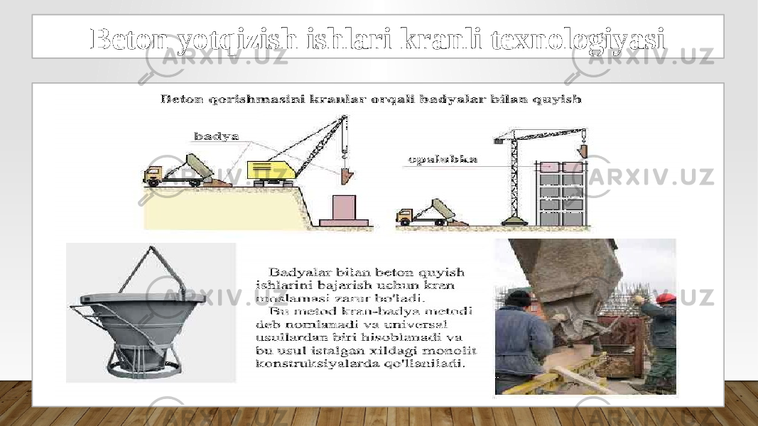 Beton yotqizish ishlari kranli texnologiyasi 