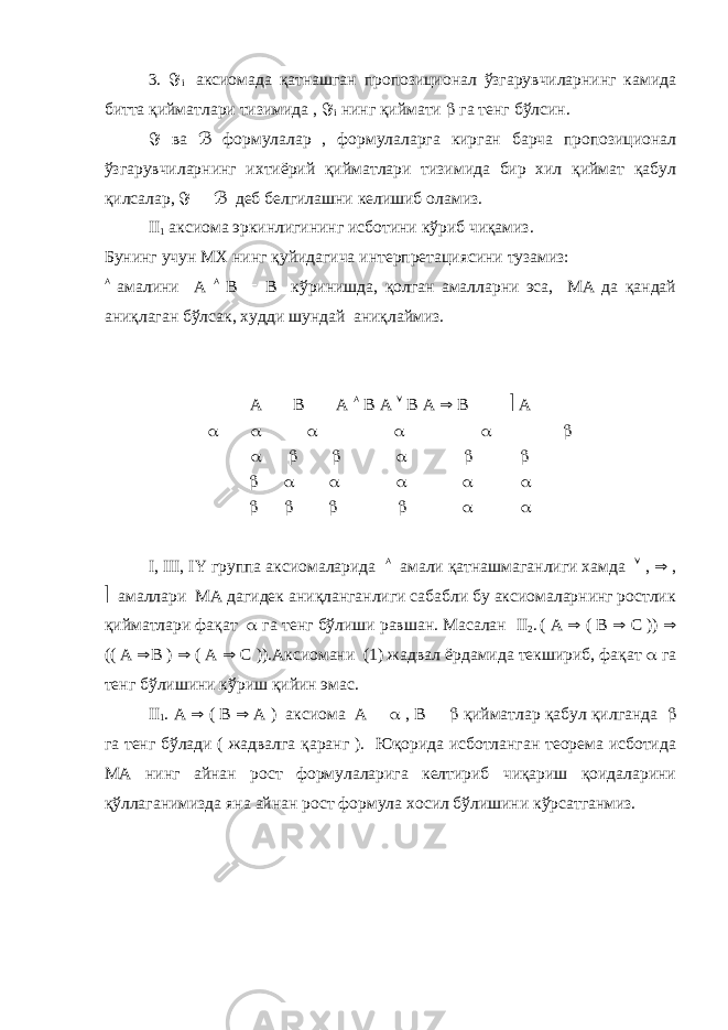 3. ℑ i аксиомада қатнашган пропозиционал ўзгарувчиларнинг камида битта қийматлари тизимида , ℑ i нинг қиймати  га тенг бўлсин. ва формулалар , формулаларга кирган барча пропозиционал ℑ ℬ ўзгарувчиларнинг ихтиёрий қийматлари тизимида бир хил қиймат қабул қилсалар, ℑ  деб белгилашни келишиб оламиз. ℬ II 1 аксиома эркинлигининг исботини кўриб чиқамиз. Бунинг учун МХ нинг қуйидагича интерпретациясини тузамиз:  амалини А  В  В кўринишда, қолган амалларни эса, МА да қандай аниқлаган бўлсак, худди шундай аниқлаймиз. А В А  В А  В А  В  А                         I , III , IY группа аксиомаларида  амали қатнашмаганлиги хамда  ,  ,  амаллари МА дагидек аниқланганлиги сабабли бу аксиомаларнинг ростлик қийматлари фақат  га тенг бўлиши равшан. Масалан II 2 . ( А  ( В  С ))  (( А  В )  ( А  С )).Аксиомани (1) жадвал ёрдамида текшириб, фақат  га тенг бўлишини кўриш қийин эмас. II 1 . А  ( В  А ) аксиома А   , В   қийматлар қабул қилганда  га тенг бўлади ( жадвалга қаранг ). Юқорида исботланган теорема исботида МА нинг айнан рост формулаларига келтириб чиқариш қоидаларини қўллаганимизда яна айнан рост формула хосил бўлишини кўрсатганмиз. 