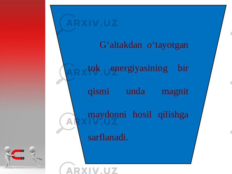 G‘ а lt а kd а n o‘t а yotg а n t о k en е rgiyasining bir qismi und а m а gnit m а yd о nni h о sil qilishg а s а rfl а n а di. 