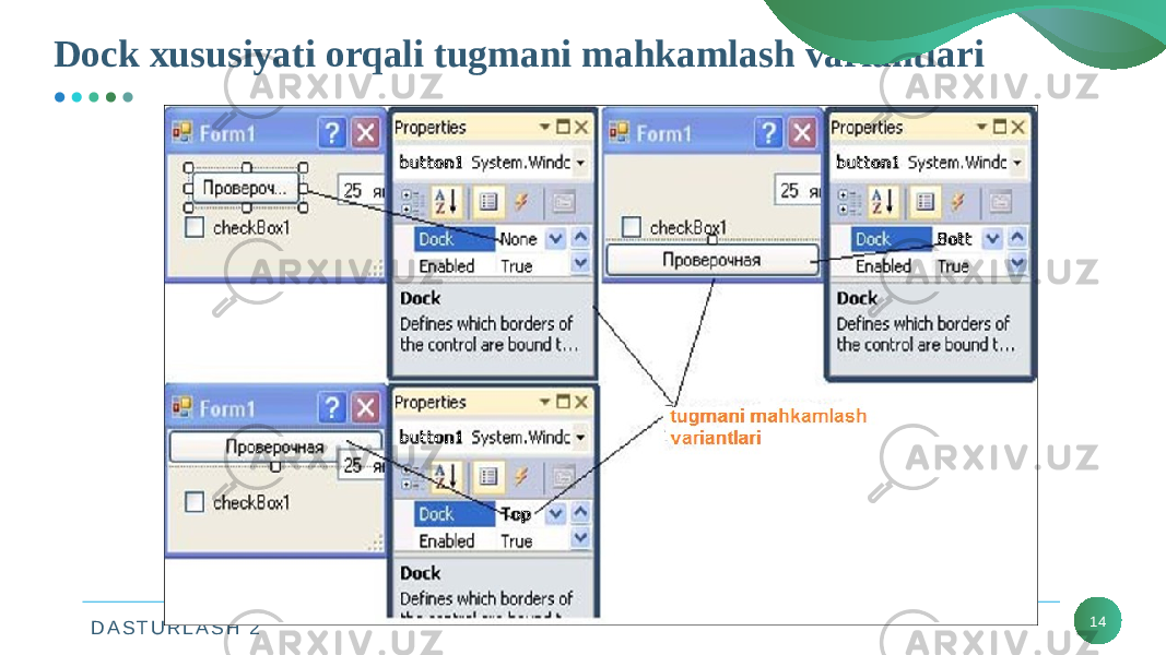 D A S T U R L A S H 2Dock xususiyati orqali tugmani mahkamlash variantlari 14 