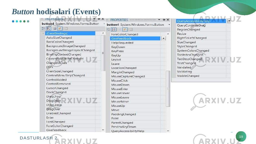 D A S T U R L A S H 2Button hodisalari (Events) 19 