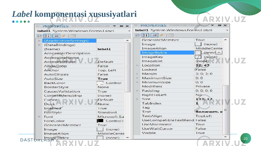 D A S T U R L A S H 2 22Label komponentasi xususiyatlari 
