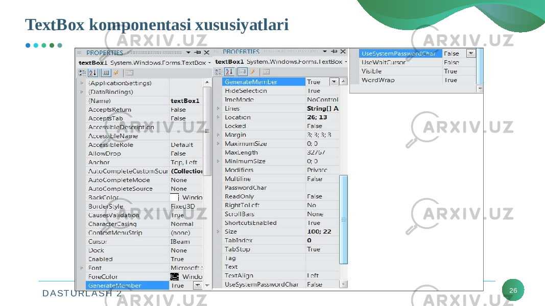 D A S T U R L A S H 2 26TextBox komponentasi xususiyatlari 