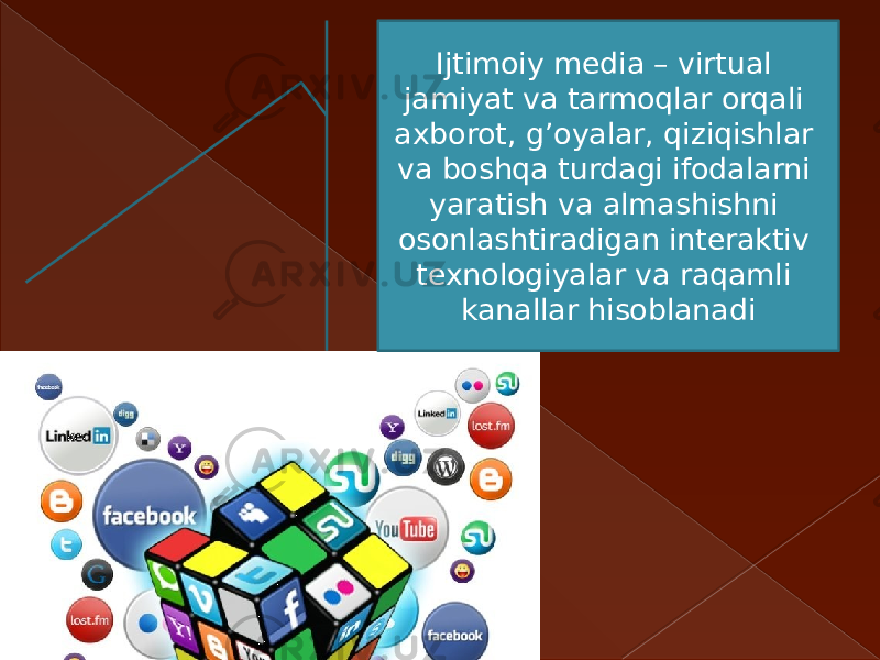 Ijtimoiy media – virtual jamiyat va tarmoqlar orqali axborot, g’oyalar, qiziqishlar va boshqa turdagi ifodalarni yaratish va almashishni osonlashtiradigan interaktiv texnologiyalar va raqamli kanallar hisoblanadi 