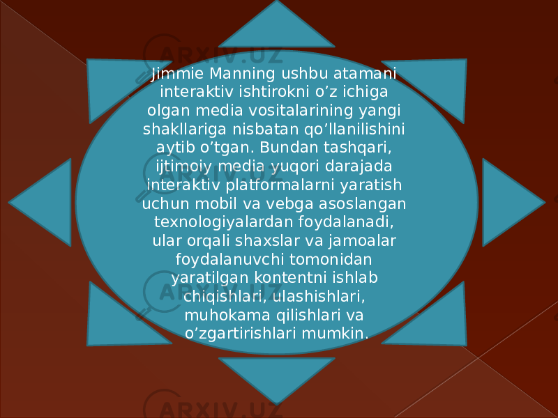 Jimmie Manning ushbu atamani interaktiv ishtirokni o’z ichiga olgan media vositalarining yangi shakllariga nisbatan qo’llanilishini aytib o’tgan. Bundan tashqari, ijtimoiy media yuqori darajada interaktiv platformalarni yaratish uchun mobil va vebga asoslangan texnologiyalardan foydalanadi, ular orqali shaxslar va jamoalar foydalanuvchi tomonidan yaratilgan kontentni ishlab chiqishlari, ulashishlari, muhokama qilishlari va o’zgartirishlari mumkin . 