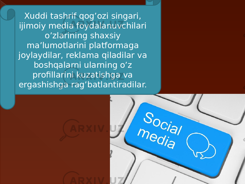 Xuddi tashrif qog’ozi singari, ijimoiy media foydalanuvchilari o’zlarining shaxsiy ma’lumotlarini platformaga joylaydilar, reklama qiladilar va boshqalarni ularning o’z profillarini kuzatishga va ergashishga rag’batlantiradilar.  