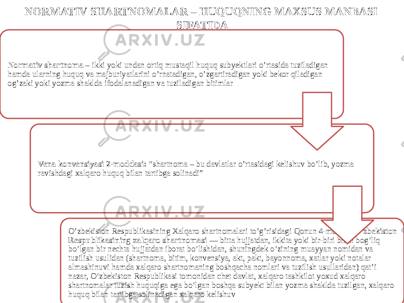 NORMATIV SHARTNOMALAR – HUQUQNING MAXSUS MANBASI SIFATIDA Normativ shartnoma – ikki yoki undan ortiq mustaqil huquq subyektlari o’rtasida tuziladigan hamda ularning huquq va majburiyatlarini o’rnatadigan, o’zgartiradigan yoki bekor qiladigan og’zaki yoki yozma shaklda ifodalanadigan va tuziladigan bitimlar Vena konvensiyasi 2-moddasi: “shartnoma – bu davlatlar o’rtasidagi kelishuv bo’lib, yozma ravishdagi xalqaro huquq bilan tartibga solinadi” O’zbekiston Respublikasining Xalqaro shartnomalari to’g’risidagi Qonun 4-modda: O‘zbekiston Respublikasining xalqaro shartnomasi  — bitta hujjatdan, ikkita yoki bir-biri bilan bog‘liq bo‘lgan bir nechta hujjatdan iborat bo‘lishidan, shuningdek o‘zining muayyan nomidan va tuzilish usulidan (shartnoma, bitim, konvensiya, akt, pakt, bayonnoma, xatlar yoki notalar almashinuvi hamda xalqaro shartnomaning boshqacha nomlari va tuzilish usullaridan) qat’i nazar, O‘zbekiston Respublikasi tomonidan chet davlat, xalqaro tashkilot yoxud xalqaro shartnomalar tuzish huquqiga ega bo‘lgan boshqa subyekt bilan yozma shaklda tuzilgan, xalqaro huquq bilan tartibga solinadigan xalqaro kelishuv 