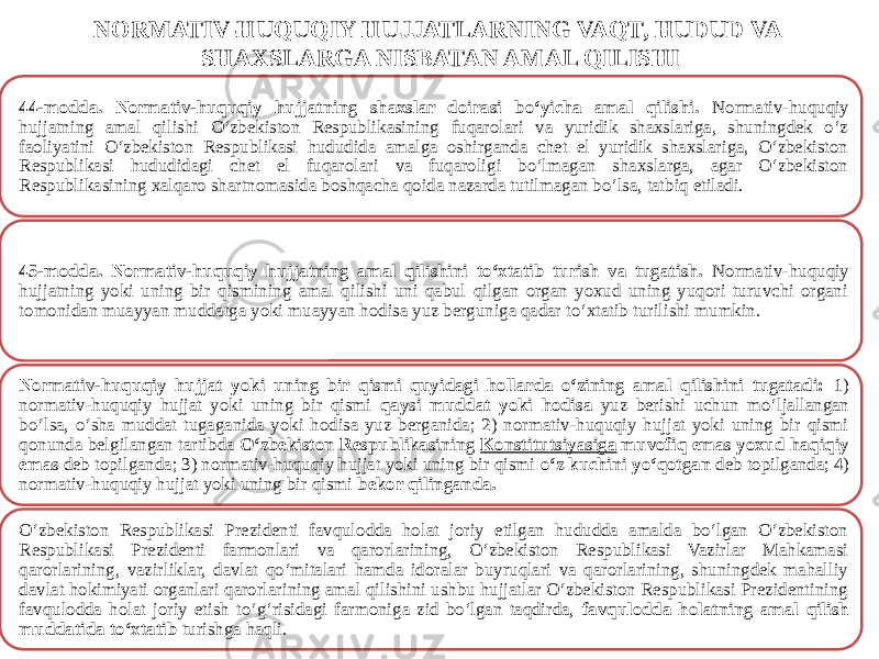 NORMATIV-HUQUQIY HUJJATLARNING VAQT, HUDUD VA SHAXSLARGA NISBATAN AMAL QILISHI 44-modda. Normativ-huquqiy hujjatning shaxslar doirasi bo‘yicha amal qilishi. Normativ-huquqiy hujjatning amal qilishi O‘zbekiston Respublikasining fuqarolari va yuridik shaxslariga, shuningdek o‘z faoliyatini O‘zbekiston Respublikasi hududida amalga oshirganda chet el yuridik shaxslariga, O‘zbekiston Respublikasi hududidagi chet el fuqarolari va fuqaroligi bo‘lmagan shaxslarga, agar O‘zbekiston Respublikasining xalqaro shartnomasida boshqacha qoida nazarda tutilmagan bo‘lsa, tatbiq etiladi. 45-modda. Normativ-huquqiy hujjatning amal qilishini to‘xtatib turish va tugatish. Normativ-huquqiy hujjatning yoki uning bir qismining amal qilishi uni qabul qilgan organ yoxud uning yuqori turuvchi organi tomonidan muayyan muddatga yoki muayyan hodisa yuz berguniga qadar to‘xtatib turilishi mumkin. Normativ-huquqiy hujjat yoki uning bir qismi quyidagi hollarda o‘zining amal qilishini tugatadi: 1) normativ-huquqiy hujjat yoki uning bir qismi qaysi muddat yoki hodisa yuz berishi uchun mo‘ljallangan bo‘lsa, o‘sha muddat tugaganida yoki hodisa yuz berganida; 2) normativ-huquqiy hujjat yoki uning bir qismi qonunda belgilangan tartibda O‘zbekiston Respublikasining  Konstitutsiyasiga  muvofiq emas yoxud haqiqiy emas deb topilganda; 3) normativ-huquqiy hujjat yoki uning bir qismi o‘z kuchini yo‘qotgan deb topilganda; 4) normativ-huquqiy hujjat yoki uning bir qismi bekor qilinganda. O‘zbekiston Respublikasi Prezidenti favqulodda holat joriy etilgan hududda amalda bo‘lgan O‘zbekiston Respublikasi Prezidenti farmonlari va qarorlarining, O‘zbekiston Respublikasi Vazirlar Mahkamasi qarorlarining, vazirliklar, davlat qo‘mitalari hamda idoralar buyruqlari va qarorlarining, shuningdek mahalliy davlat hokimiyati organlari qarorlarining amal qilishini ushbu hujjatlar O‘zbekiston Respublikasi Prezidentining favqulodda holat joriy etish to‘g‘risidagi farmoniga zid bo‘lgan taqdirda, favqulodda holatning amal qilish muddatida to‘xtatib turishga haqli. 