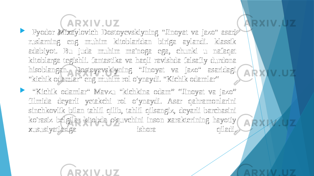  Fyodor Mixaylovich Dostoyevskiyning &#34;Jinoyat va jazo&#34; asari ruslarning eng muhim kitoblaridan biriga aylandi. klassik adabiyot. Bu juda muhim ma&#39;noga ega, chunki u nafaqat kitoblarga tegishli. fantastika va haqli ravishda falsafiy durdona hisoblangan. Dostoyevskiyning &#34;Jinoyat va jazo&#34; asaridagi &#34;kichik odamlar&#34; eng muhim rol o&#39;ynaydi. &#34;Kichik odamlar“  &#34;Kichik odamlar&#34; Mavzu &#34;kichkina odam” “Jinoyat va jazo” filmida deyarli yetakchi rol o‘ynaydi. Asar qahramonlarini sinchkovlik bilan tahlil qilib, tahlil qilsangiz, deyarli barchasini ko&#39;rasiz belgilar kitobda o&#39;quvchini inson xarakterining hayotiy xususiyatlariga ishora qiladi. 