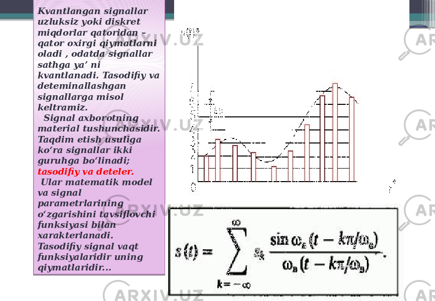 Kvantlangan signallar uzluksiz yoki diskret miqdorlar qatoridan – qator oxirgi qiymatlarni oladi , odatda signallar sathga ya’ ni kvantlanadi. Tasodifiy va deteminallashgan signallarga misol keltramiz. Signal axborotning material tushunchasidir. Taqdim etish usuliga koʻra signallar ikki guruhga boʻlinadi; tasodifiy va deteler. Ular matematik model va signal parametrlarining oʻzgarishini tavsiflovchi funksiyasi bilan xarakterlanadi. Tasodifiy signal vaqt funksiyalaridir uning qiymatlaridir... 01090D 10 0C 140D 02 0E0D 08 1304 0E07 08 0A 0C 1B 08 0F10 03 0A 09 230D 02 25 16 1B 25 1407 