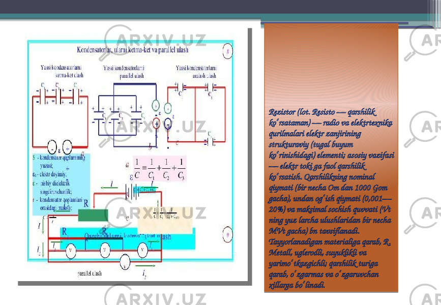 Rezistor (lot. Resisto — qarshilik ko rsataman) — radio va elektrtexnika ʻ qurilmalari elektr zanjirining strukturaviy (tugal buyum ko rinishidagi) elementi; asosiy vazifasi ʻ — elektr toki ga faol qarshilik ko rsatish. Qarshilikning nominal ʻ qiymati (bir necha Om dan 1000 Gom gacha), undan og ish qiymati (0,001— ʻ 20%) va maksimal sochish quvvati (Vt ning yuz larcha ulushlaridan bir necha MVt gacha) bn tavsiflanadi. Tayyorlanadigan materialiga qarab, R. Metall, uglerodli, suyuklikli va yarimo tkazgichli; qarshilik turiga ʻ qarab, o zgarmas va o zgaruvchan ʻ ʻ xillarga bo linadi ʻ . 01 1128 0E 05 11 28 0D 11 28 0E 1A 28 26 13 29 2B 29 1B 28 0E 28 17 28 0C 