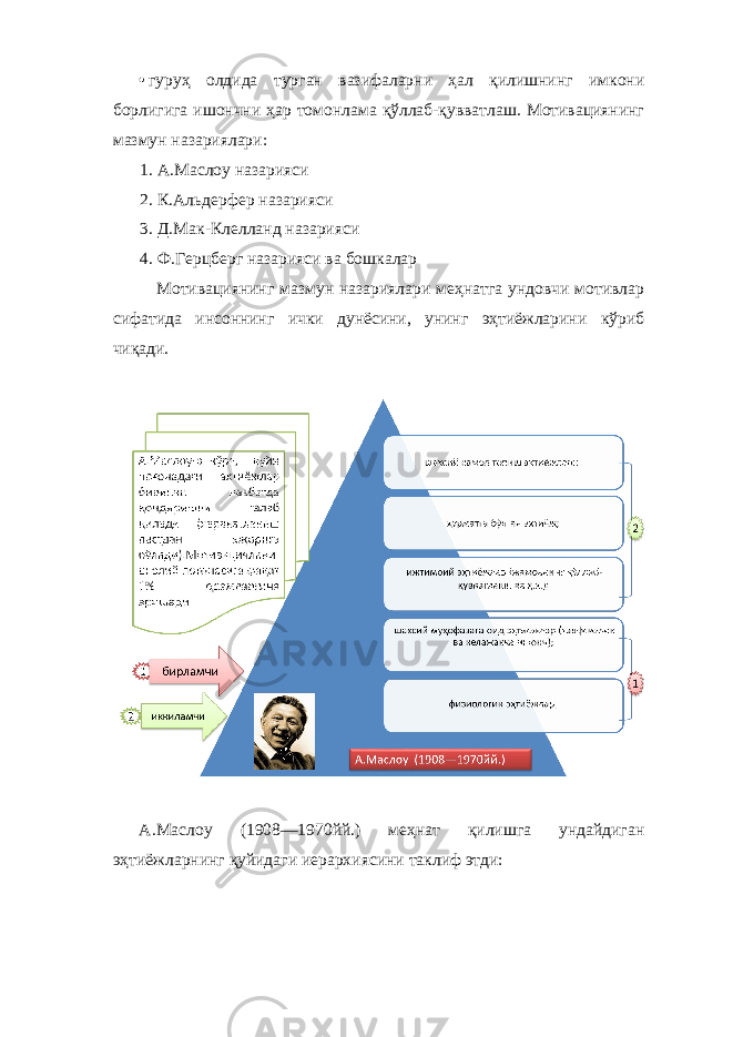 • гуруҳ олдида турган вазифаларни ҳал қилишнинг имкони борлигига ишончни ҳар томонлама қўллаб-қувватлаш. Мотивациянинг мазмун назариялари: 1. А.Маслоу назарияси 2. К.Альдерфер назарияси 3. Д.Мак-Клелланд назарияси 4. Ф.Герцберг назарияси ва бошкалар Мотивациянинг мазмун назариялари меҳнатга ундовчи мотивлар сифатида инсоннинг ички дунёсини, унинг эҳтиёжларини кўриб чиқади. А.Маслоу (1908—1970йй.) меҳнат қилишга ундайдиган эҳтиёжларнинг қуйидаги иерархиясини таклиф этди: 