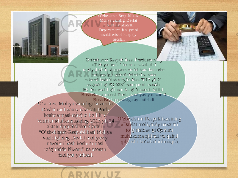 O’zbekiston Respublikasi Prezidentining «Tibbiyot va ta’lim muassasalarini moliyalashtirish mexanizmini hamda davlat moliyaviy nazorati tizimini yanada takomillashtirish to’g’risida» 2017 yil 21 avgustdagi PQ-3231-son qarori asosida Moliya vazirligi huzuridagi Nazorat- taftish Bosh Boshqarmasi Davlat moliyaviy nazorati Bosh Boshqarmasiga aylantirildi. O’zbekiston Respublikasining «Davlat moliyaviy nazorati to’g’risida» gi Qonuni muhokama qilindi va qabul qilinishi ko’zda tutilmoqda.O’z. Res. Moliya vazirligi huzurida Davlat moliyaviy nazorati Bosh boshqarmasi mavjud bo’lib, u Vazirlar Mahkamasining 2017 yil 24 oktabrdagi 870-son Qarori  “O’zbekiston Respublikasi Moliya vazirligining Davlat moliyaviy nazorati bosh boshqarmasi to’g’risida Nizom” ga asosan faoliyat yuritadi. O’zbekiston Respublikasi Moliya vazirligi Davlat moliyaviy nazorati Departamenti faoliyatini tashkil etishni huquqiy asoslari 