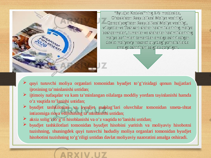 “ Byudjet Kodeksi”ning 175-moddasida,  O’zbekiston Respublikasi Moliya vazirligi, Qoraqalpog’iston Respublikasi Moliya vazirligi, viloyatlar va Toshkent shahar hokimliklarining moliya boshqarmalari, tumanlar va shaharlar hokimliklarining moliya bo’limlari tomonidan amalga oshiriladigan davlat moliyaviy nazorati quyidagi yo’nalishlarda amalga oshirilishi belgilab qo’yilgan.  quyi turuvchi moliya organlari tomonidan byudjet to’g’risidagi qonun hujjatlari ijrosining ta’minlanishi ustidan;  ijtimoiy nafaqalar va kam ta’minlangan oilalarga moddiy yordam tayinlanishi hamda o’z vaqtida to’lanishi ustidan;  byudjet tashkilotlari va byudjet mablag’lari oluvchilar tomonidan smeta-shtat intizomiga rioya etilishining ta’minlanishi ustidan;  aksiz solig’i to’g’ri hisoblanishi va o’z vaqtida to’lanishi ustidan;  byudjet tashkilotlari tomonidan byudjet hisobini yuritish va moliyaviy hisobotni tuzishning, shuningdek quyi turuvchi hududiy moliya organlari tomonidan byudjet hisobotini tuzishning to’g’riligi ustidan davlat moliyaviy nazoratini amalga oshiradi. 