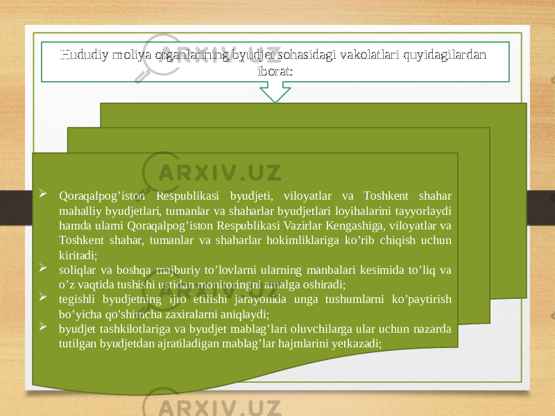  Qoraqalpog’iston Respublikasi byudjeti, viloyatlar va Toshkent shahar mahalliy byudjetlari, tumanlar va shaharlar byudjetlari loyihalarini tayyorlaydi hamda ularni Qoraqalpog’iston Respublikasi Vazirlar Kengashiga, viloyatlar va Toshkent shahar, tumanlar va shaharlar hokimliklariga ko’rib chiqish uchun kiritadi;  soliqlar va boshqa majburiy to’lovlarni ularning manbalari kesimida to’liq va o’z vaqtida tushishi ustidan monitoringni amalga oshiradi;  tegishli byudjetning ijro etilishi jarayonida unga tushumlarni ko’paytirish bo’yicha qo’shimcha zaxiralarni aniqlaydi;  byudjet tashkilotlariga va byudjet mablag’lari oluvchilarga ular uchun nazarda tutilgan byudjetdan ajratiladigan mablag’lar hajmlarini yetkazadi; Hududiy moliya organlarining byudjet sohasidagi vakolatlari quyidagilardan iborat: 