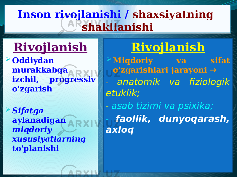 Inson rivojlanishi / shaxsiyatning shakllanishi Rivojlanish  Oddiydan murakkabga izchil, progressiv o&#39;zgarish  Sifatga aylanadigan miqdoriy xususiyatlarning to&#39;planishi Rivojlanish  Miqdoriy va sifat o&#39;zgarishlari jarayoni → - anatomik va fiziologik etuklik; - asab tizimi va psixika; - faollik, dunyoqarash, axloq06 161217 161217 0815 03 0A14 2E22 152F 13 03 1F 17 26020C280D07 23 20 
