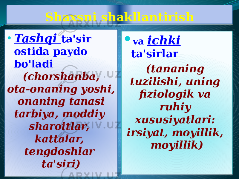 Shaxsni shakllantirish • Tashqi ta&#39;sir ostida paydo bo&#39;ladi (chorshanba, ota-onaning yoshi, onaning tanasi tarbiya, moddiy sharoitlar, kattalar, tengdoshlar ta&#39;siri)  va ichki ta&#39;sirlar (tananing tuzilishi, uning fiziologik va ruhiy xususiyatlari: irsiyat, moyillik, moyillik)011217 01 1C 2017 1316 1E 04 2C 0D0110 0D0B 0110 08 03 01240B 0110 01 2317 02 07 20 2C 01 3130 07 2306 02 26 
